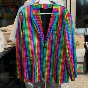 Men's Rainbow Grid Sequin Blazer - Vibrant Multicolor Statement Jacket